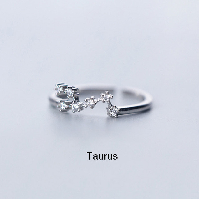 Elegant Zodiac Sign Finger Rings for Women Silver Color Adjustable CZ Zircon Ring 12 Constellation Jewelry Birthday Gift