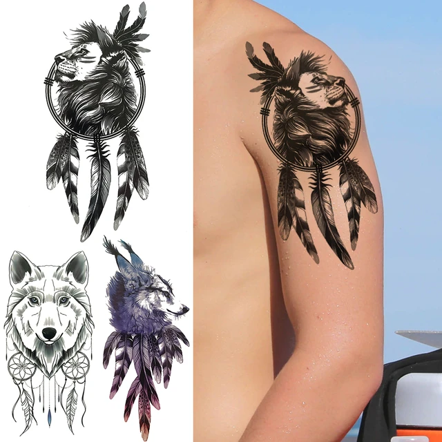 Tribe Lion Temporary Tattoos For Men Women Bigs Wolf Dreamcatcher Tattoo Stickers Realistic Feather Body Arm Waterproof Tatoos - Temporary Tattoos - AliExpress