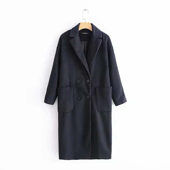 

2018 Winter New Fashion Nary Blue Women Coat Female Casual Loose Double Breasted Outwear Elegant Long abrigos mujer invierno