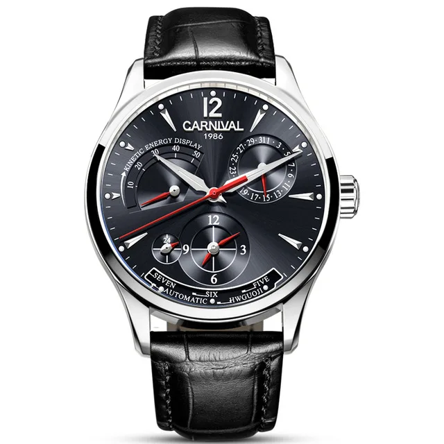 Карнавал Dual time displa спортивные автоматические механические часы для мужчин сапфировый кожаный ремешок люксовый бренд мужские часы relogio saat - Цвет: 05