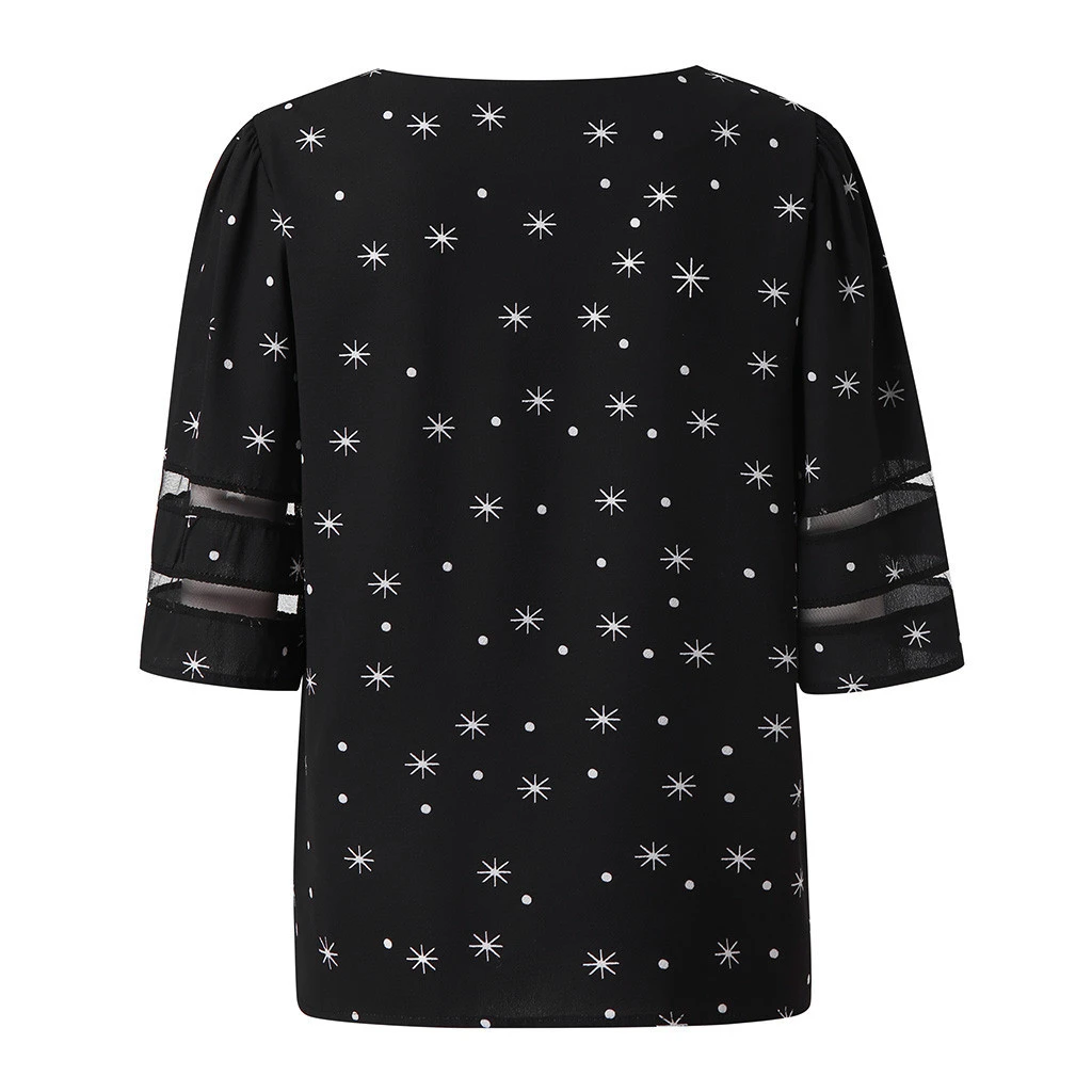 CHAMSGEND Womens Blouses Vintage Loose Christmas Long Sleeve Trumpet Blouse Ladies V-Neck Mesh Top Fashion Clothing 1023