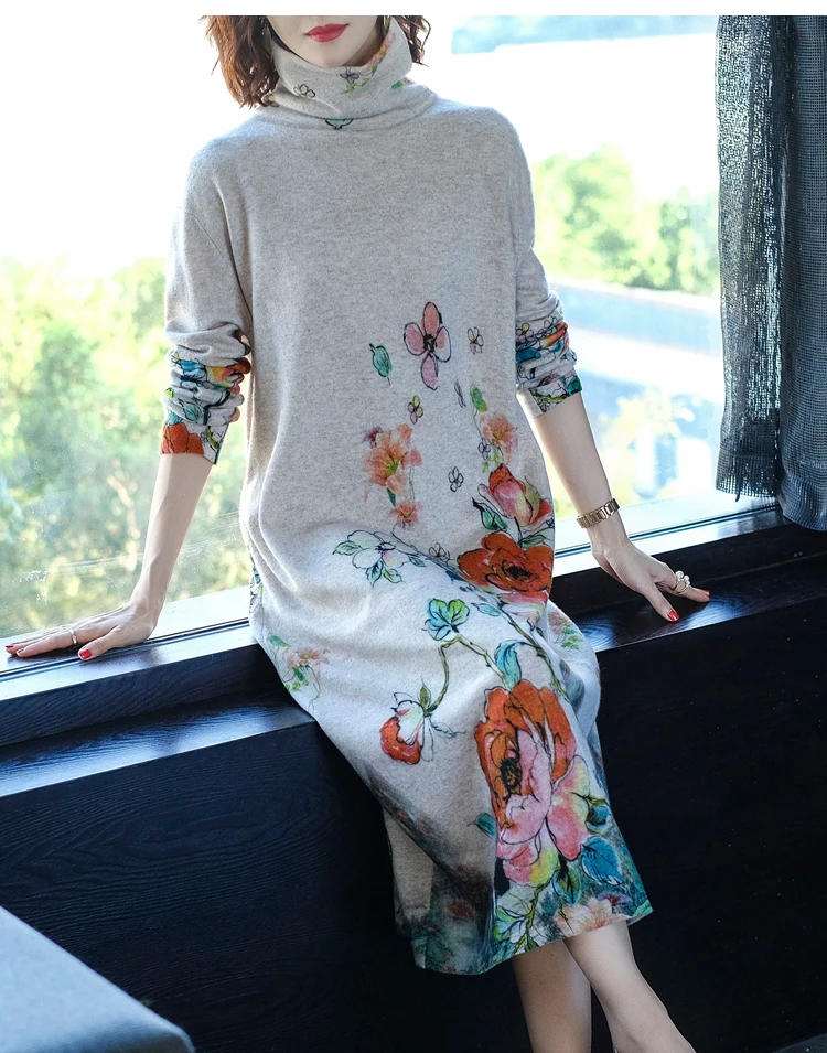 Fall Winter Vintage Women Turtleneck Long Sleeve Loose Floral Printed Cashmere Sweater Dress Woman Knitted Sweaters Dresses