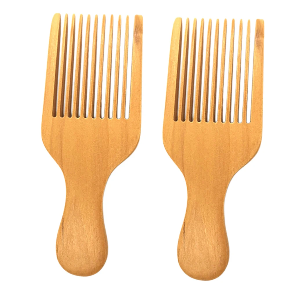 2 Pack of Hair/Beard Pick Comb – Natural Brown Color Wood Scalp Massage Comb With Portable Handle (Wide Tooth)