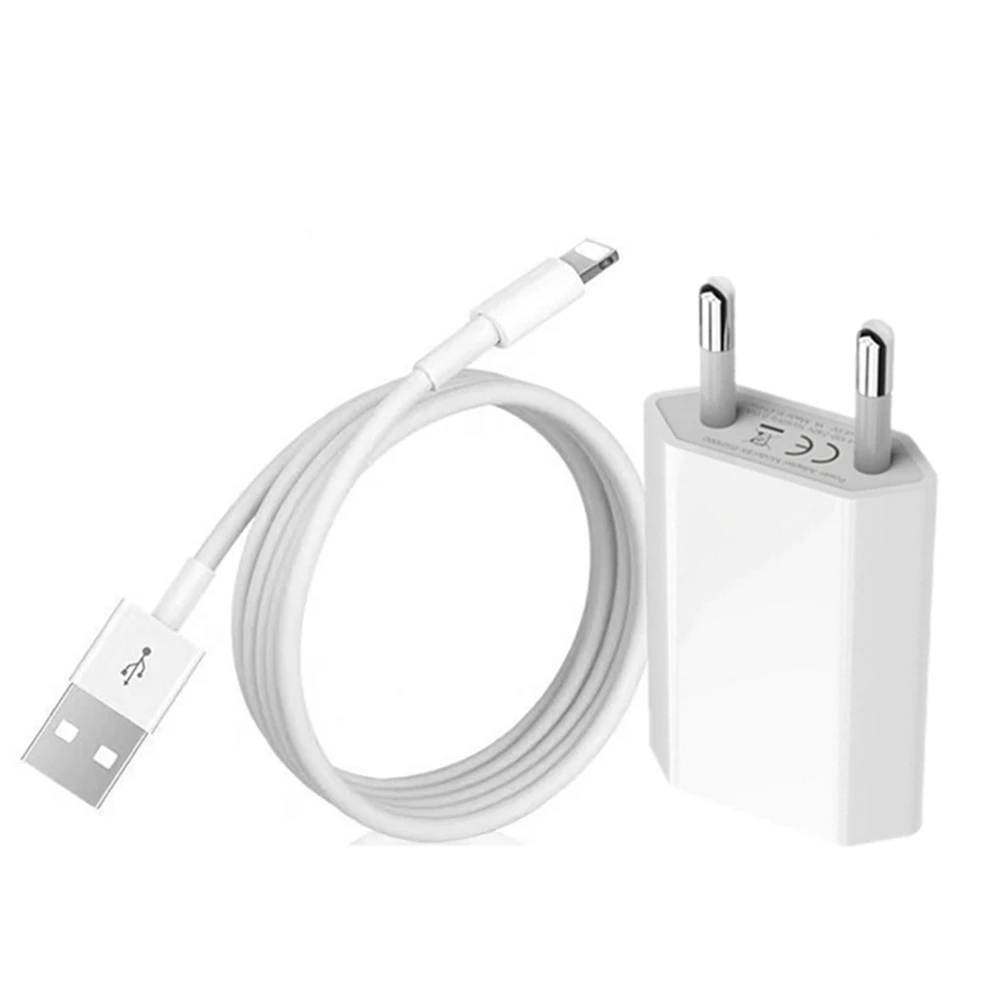 Штепсельная Вилка европейского стандарта+ 1 м USB кабель для Apple iPhone 7 8 Plus X XR XS Max 5S 5 6S 6 быстрая зарядка провод шнур адаптер дорожное настенное зарядное устройство