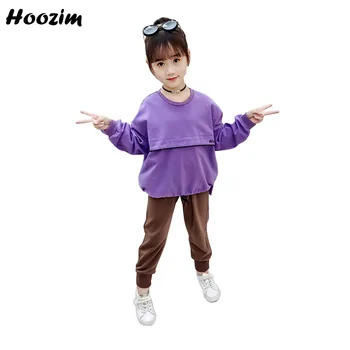 

Sport Suit For Girls 4-12 Years Purple Patch Pocket On Top Long Sleeve+Elastic Leg Fitness Pants Set Kids Spring Child Tracksuit