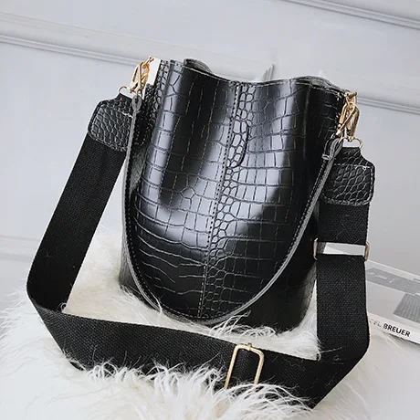 SMOOZA винтажная повседневная сумка-мешок для женщин, сумка через плечо с рисунком аллигатора, качественная кожаная сумка-мессенджер, большая сумка-тоут, популярный стиль - Цвет: Черный