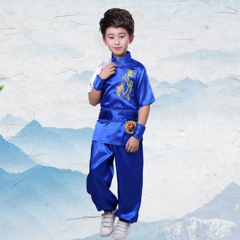 Традиционная китайская одежда для мужчин, детская Униформа с вышивкой дракона кунг-фу, восточные Детские костюмы Тай Чи у Шу Шао Лин - Цвет: Blue Short Set