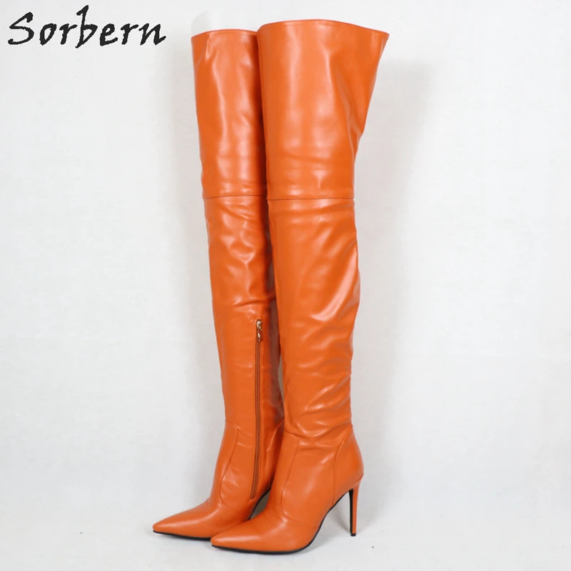 Sorbern/коричневые женские сапоги из Pu искусственной кожи; женские сапоги до середины бедра; Сапоги выше колена с острым носком и боковой молнией; обувь под заказ