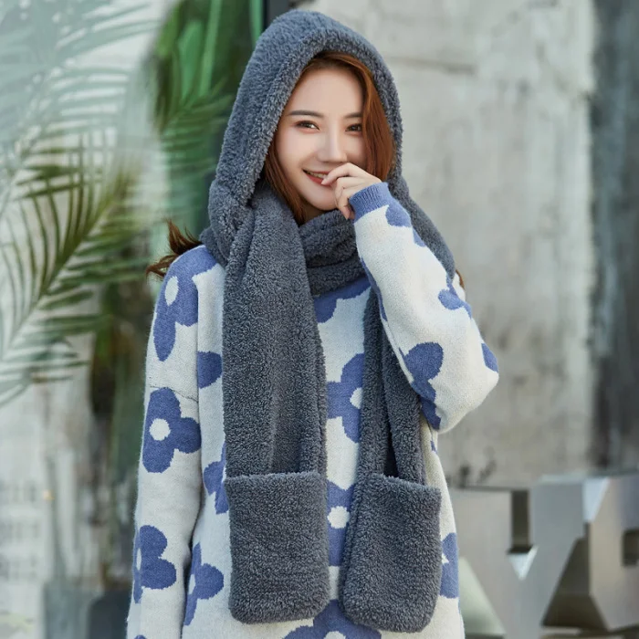 3 в 1 Женский Теплый капюшон шарф снуд карманные перчатки шапка Милая для зимы на открытом воздухе FS99