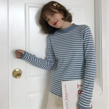 

Fashion Striped Half Turtleneck Sweaters Knitted Slim Long Sleeve Pullovers For Women Autumn Winter Sweater Female Tops Jumper#