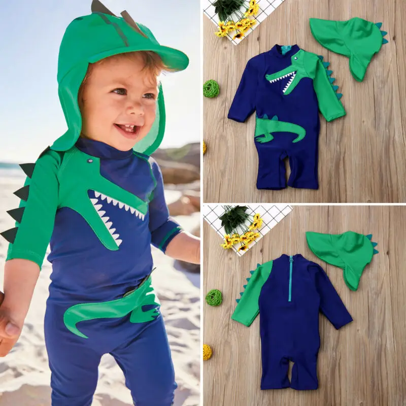 Летний купальник с рисунком динозавра для маленьких мальчиков, Солнцезащитный купальник с шапкой, детский купальный костюм, От 6 месяцев до 5 лет