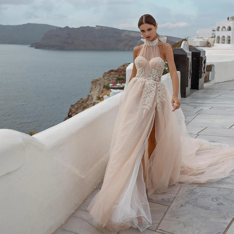 

Verngo A line Wedding Dresses Boho Backless Bride Dress Champagne Glitter Tulle Flower Lace Wedding Gowns Side Skit Dress