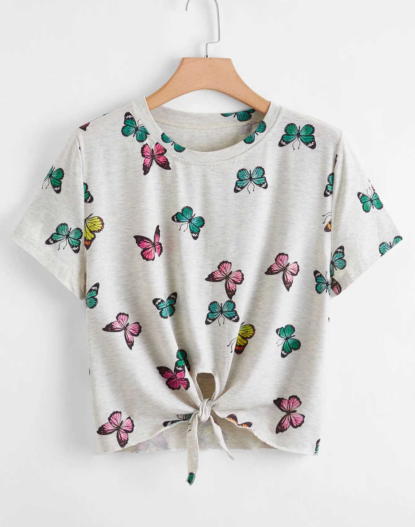 Camiseta con cuello redondo para mujer, ropa informal de verano con estampado de mariposa, camiseta de corbata suelta informal que combina con todo, 2021