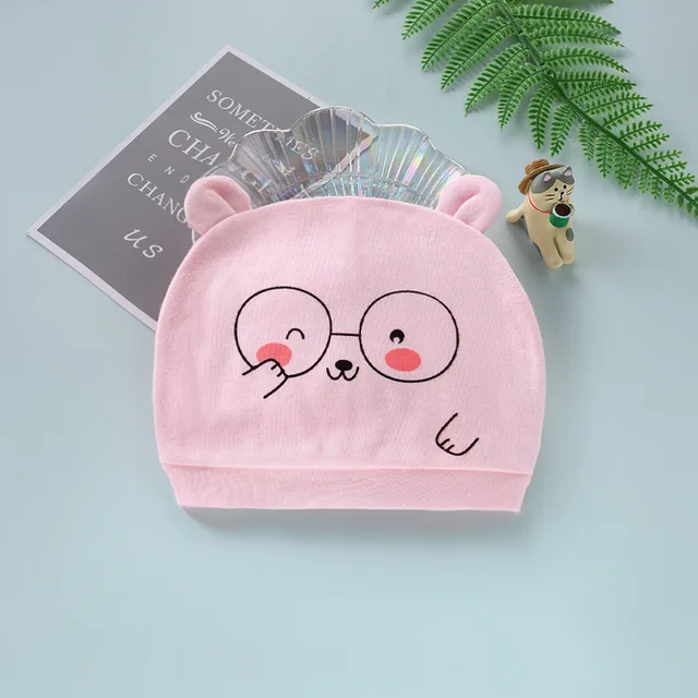 Four Seasons Kids Newborn Baby Hats 100% Cotton Cap 40 Color Cartoon Cute Printed Hat Suitable for 0-12 Months Baby Accessories Glasses cat pink