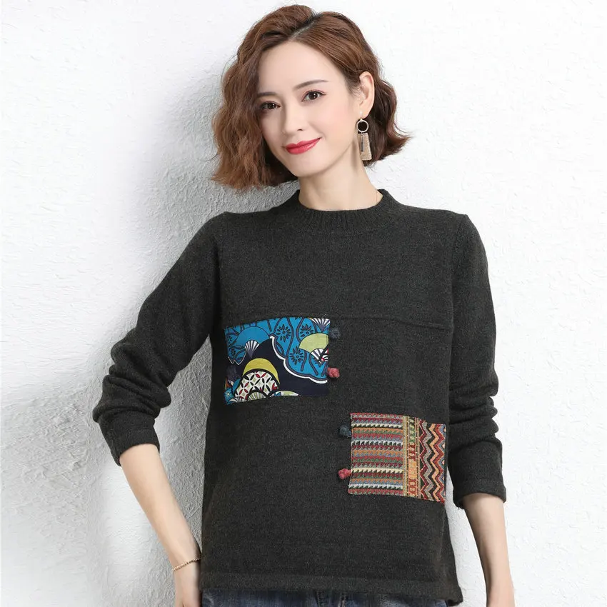 

Winter Autumn Retro Pullover Sweater Women Ethnic Applique Design Knitted Top Oversize Knitwear Red Black Wool Christmas Jumpers
