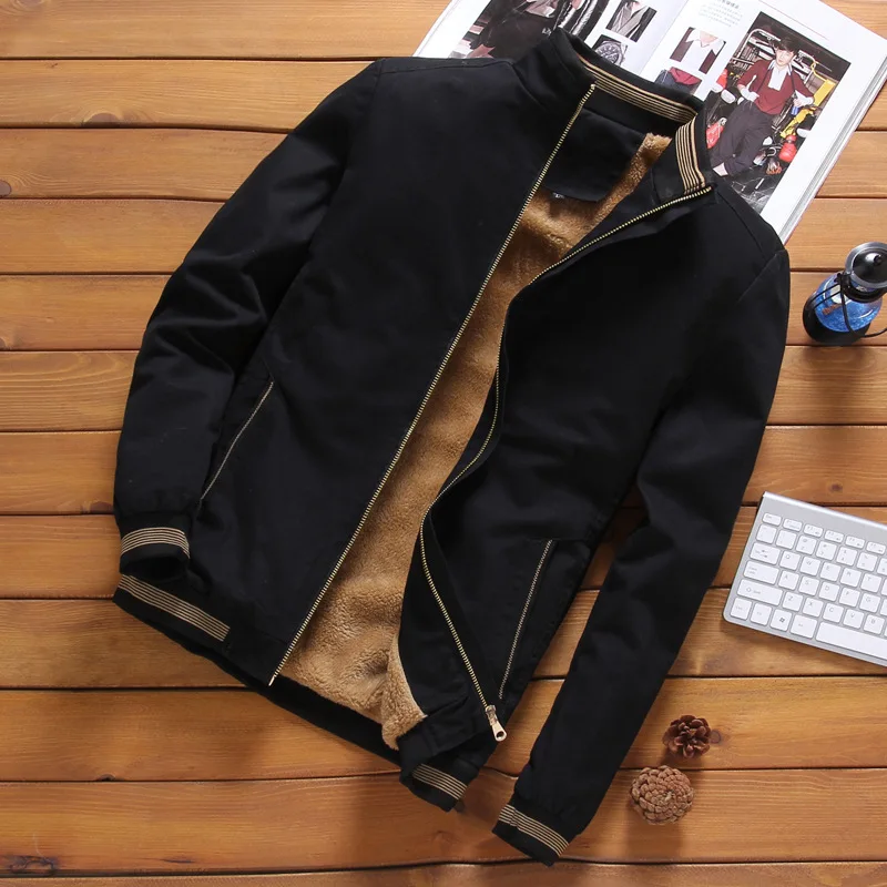 5XL мужская куртка-бомбер с воротником-стойкой, мужская повседневная верхняя одежда, флисовая Толстая теплая бейсбольная куртка, военные пальто, одежда, GCM019 - Цвет: Black  Jackets