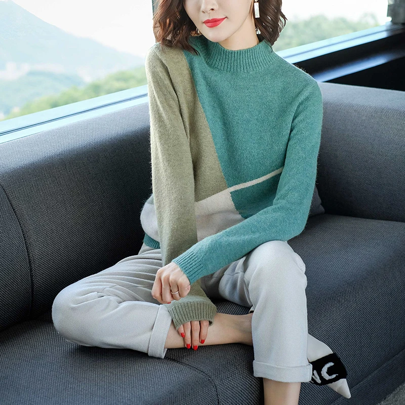 

Woman Sweaters Patchwork Fashion Cashmere and Wool Knitted Jumpers Winter Hot Sale Ladies Jumpers 2Colors Warm Woolen Knit Cloth