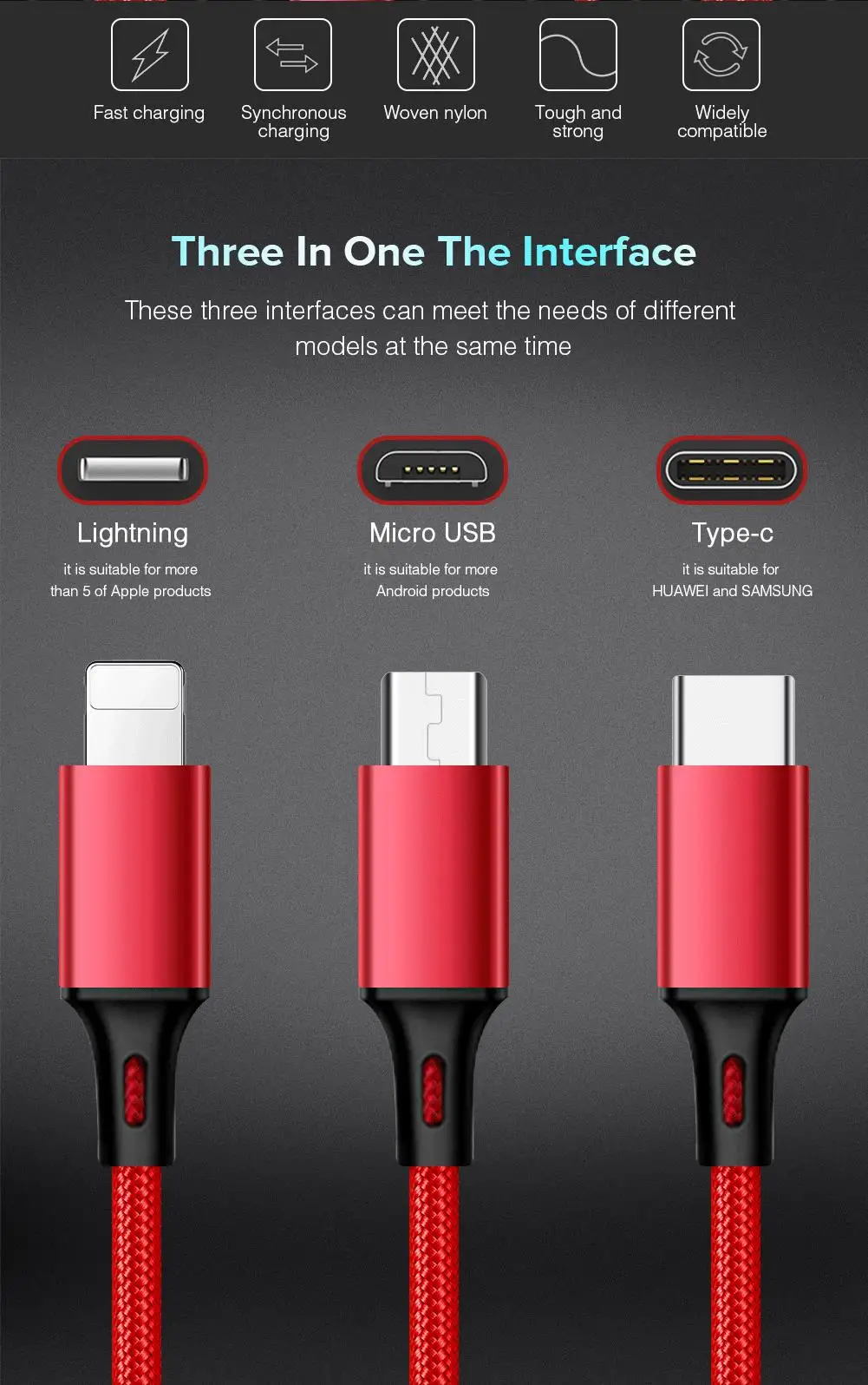 Высококачественный USB кабель с нейлоновой оплеткой, с защитой от электричества, для Micro type C, Lightning, 3 в 1, мульти зарядное устройство для xiaomi iphone
