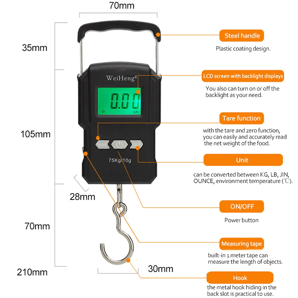 75Kg/10g Digitale Elektronische Backlight Weegschaal PortableFishing Post Opknoping Haak Schaal Met Meetlint