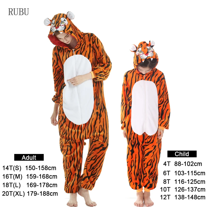Tiger Пижамы для девочек с единорогом, комбинезон для женщин, кугуруми, панда, зимняя Пижама с животными, пижамы для взрослых с изображением Льва, оленя, детская одежда для сна для мальчиков, Комбинезоны - Цвет: Tiger