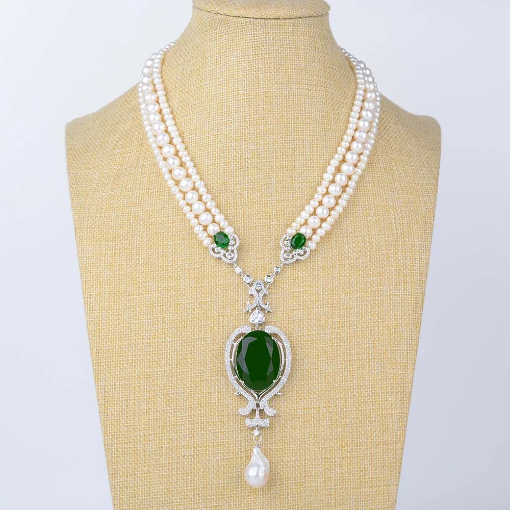 

19'' 3 Strands Cultured White Pearl Green Crystal Keshi Pearl Pendant Necklace