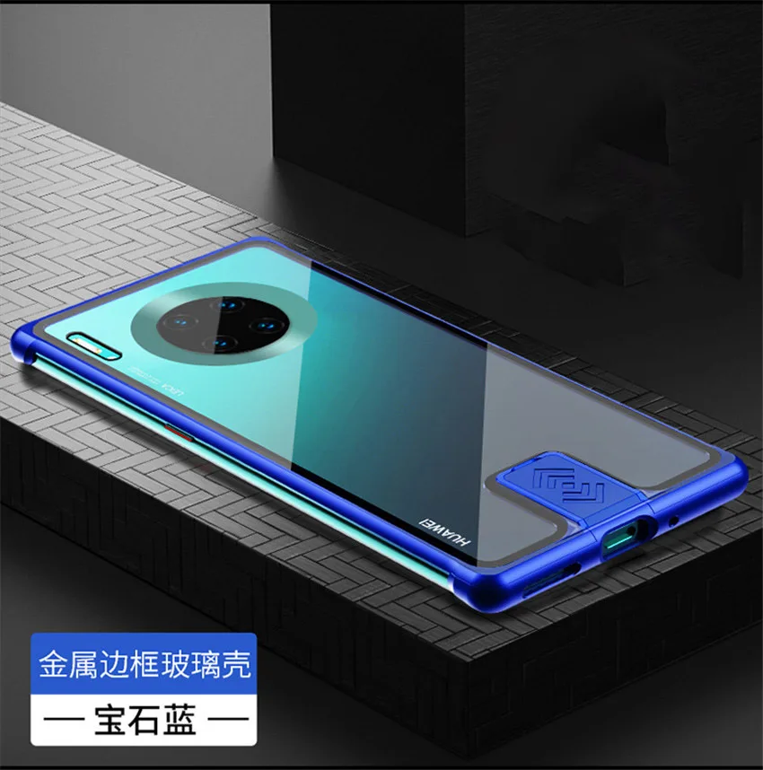 Чехол-накладка для huawei mate 30 Pro, алюминиевая металлическая рамка, жесткие прозрачные чехлы с закаленным стеклом для huawei mate 30, чехол Funda - Цвет: blue