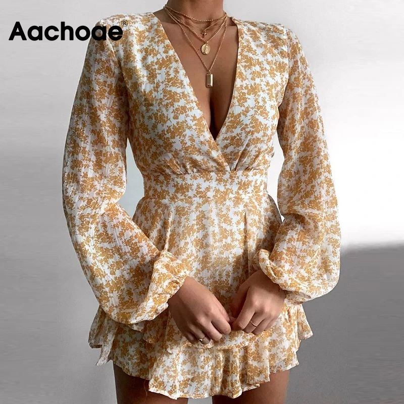 Aachoae Sexy Deep V Neck Print Beach Chiffon Dress Women Summer Long Sleeve Mini Bud Dress Sundress Holiday Party Dress Vestidos Aachoae Sexy Deep V Neck Print Beach Chiffon Dress Women Summer Long Sleeve Mini Bud Dress Sundress Holiday Party Dress Vestidos