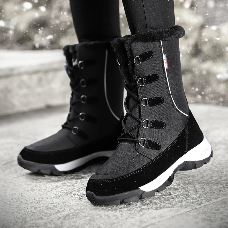 Зимние сапоги женская зимняя теплая обувь на шнуровке с плюшевой подкладкой ботинки до середины икры теплые уличные ботинки Водонепроницаемая нескользящая обувь повседневные ботинки