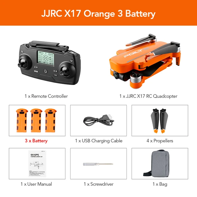 JJRC X17 GPS 6K ESC HD Camera 5G WiFi Brushless 2-Axis Gimbal Optical Flow Positioning Foldable RC Drone PRO Quadcopter RTF GIFT 3 Battery Orange