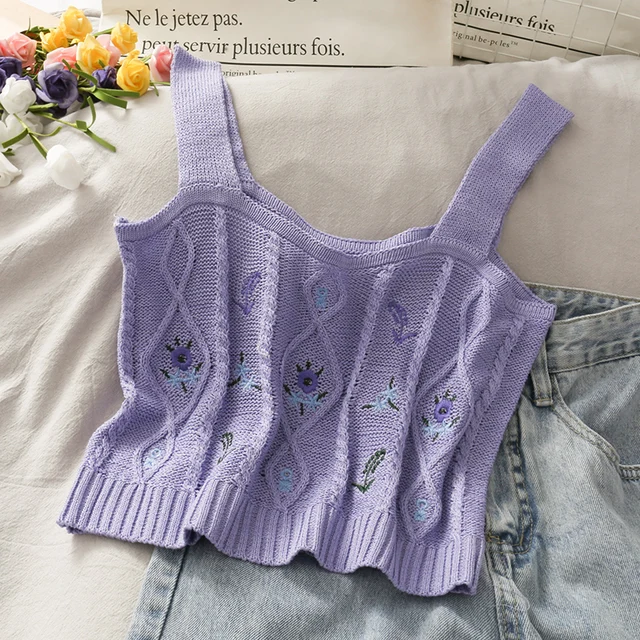 HELIAR Women Flower Embroidery Knitted Crop Tops Women Streetwear Camis Tube Tops Strappy Tanks Cute Tops For Women Summer 2