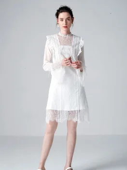 

See Through Lace Temperament Womens Dresses Spring 2020 Europe and America Casual White Mini Dress Runway Solid Embroidery
