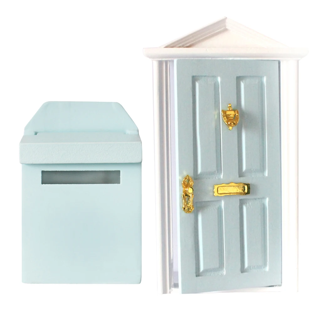 

1/12 Dollhouse Miniature Light Blue Doors Inwardly Open & Garden Mailbox
