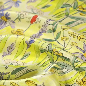 

Yellow Floral Print 100% Silk Fabric Crepe De Chine Dress Material