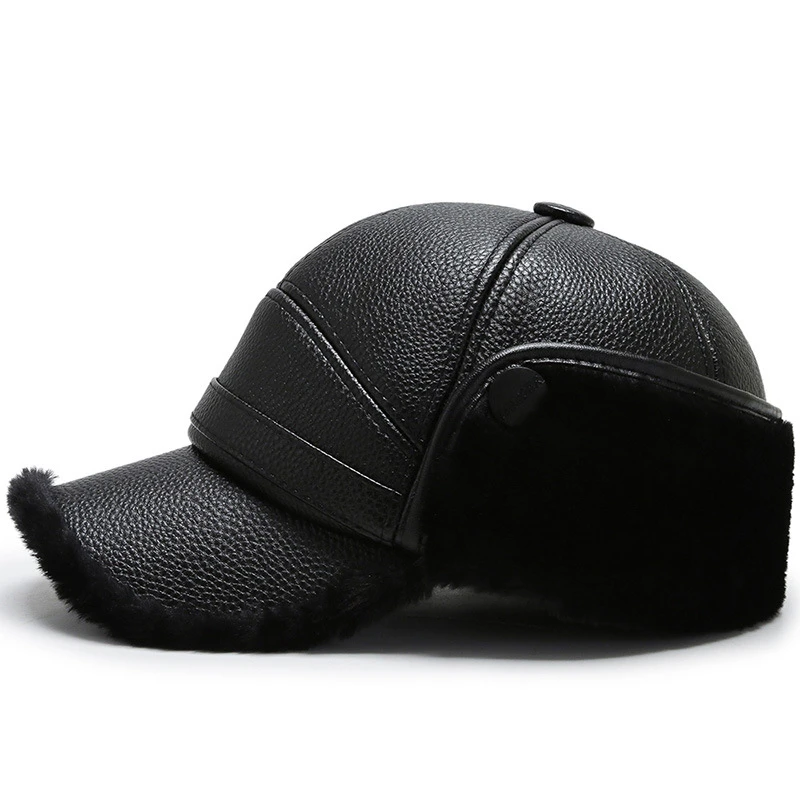 Черные пу кожаные зимние шапки Snapback наушники бейсболка для мужчин на открытом воздухе плюс бархат утолщение мужские шапки и шляпы размер 58 см