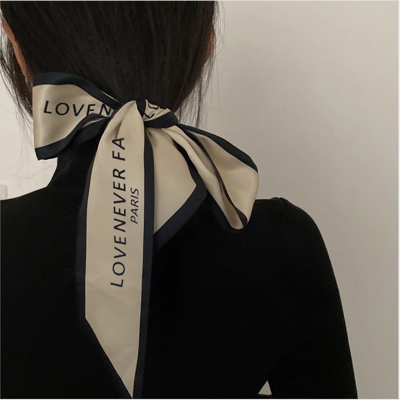 Luna&Dolphin Women Narrow Long Scarf 100x6cm Chic French Gentle Elegant Chiffon Silk Tie Letter Print Bag Ribbon Headband Choker 2