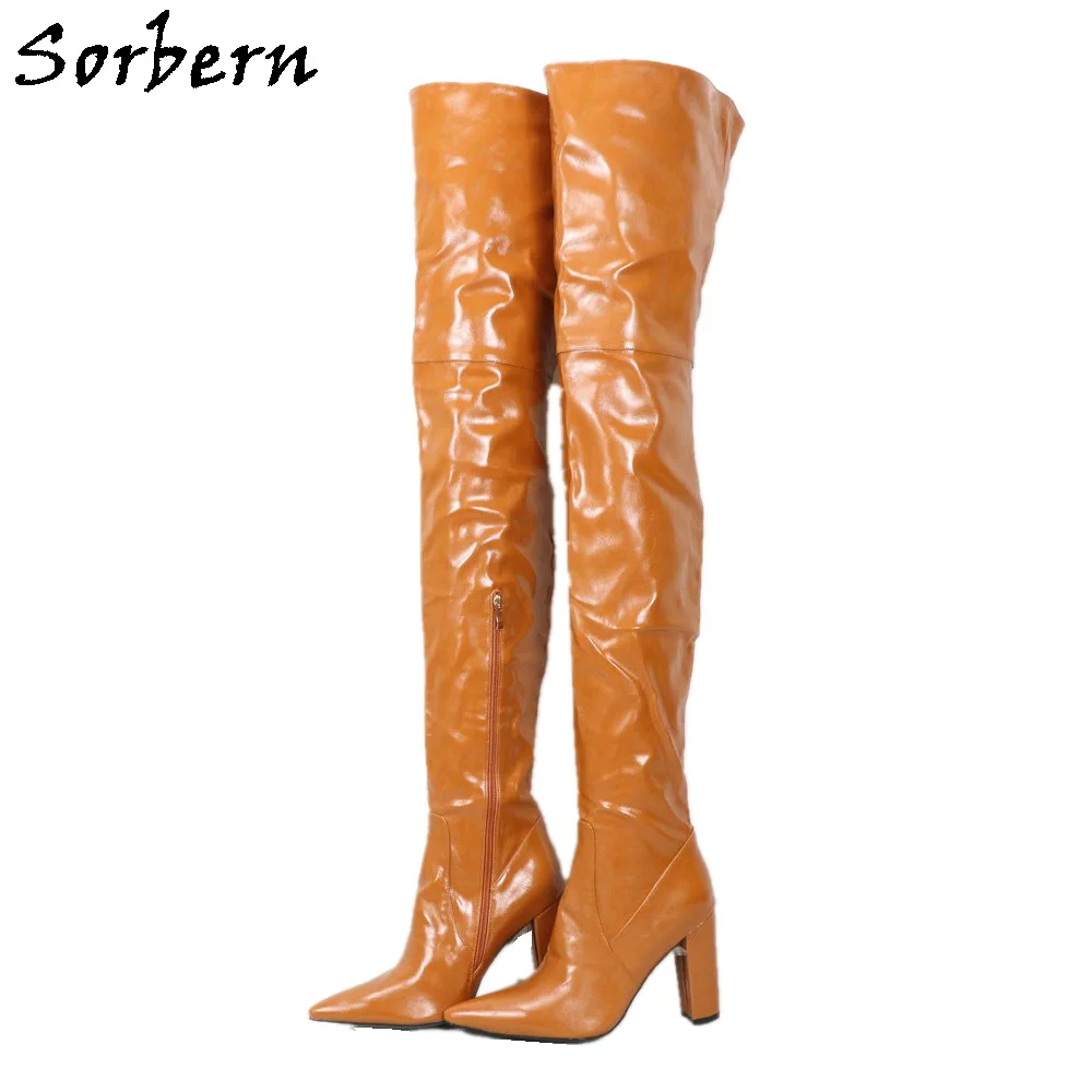 Sorbern Brown Oil Pu Boots Thigh High Women Block Heels Pointed Toe