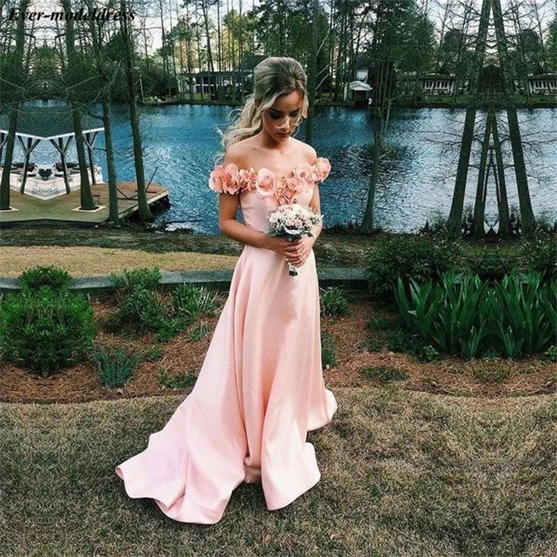 

Off Shoulder Satin Prom Dresses Long 3D Flowers A-line Sweep Train Simple Formal Gowns Evening Party Dress Robe De Soiree