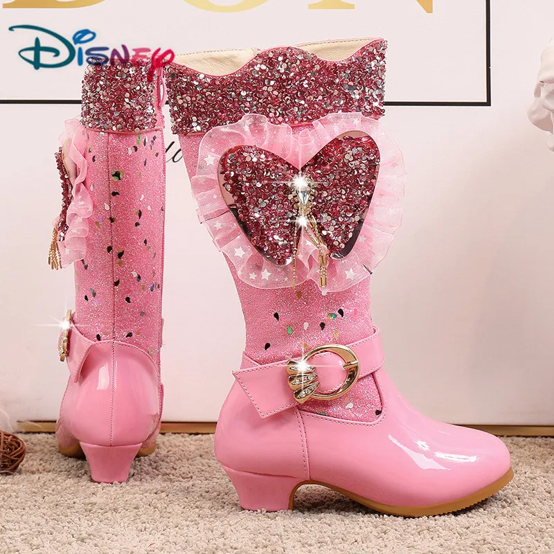 Disney/Новые высокие сапоги с бантом; обувь для девочек на высоком каблуке; сезон осень-зима; теплые детские сапоги с блестками; зимняя обувь