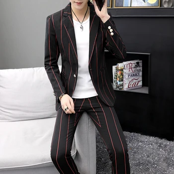 

2020 men vertical stripes suit fashionable suit two teenagers
