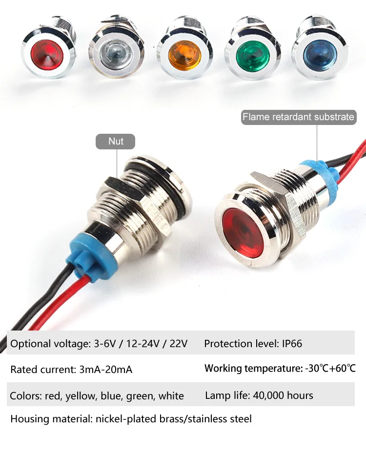Description Picture 5 of item1Pcs 16mm Light LED Metal Signal Lamp Waterproof Metal Indicator With Wire 3V 6V 12V 24V 110V 220V Red/Yellow/Blue/Green/White
