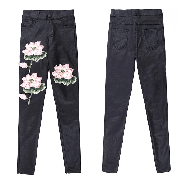 Европейские кожаные джинсовые штаны для женщин; сезон осень-зима; женская одежда; Новинка; кожаные брюки в стиле лотоса; обтягивающие бархатные теплые брюки; леггинсы