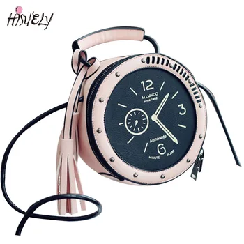 

2020 Fashion Women Ccrossbody Bag Female PU Leather Round Clock Shape Shoulder Bag Rivet Watches Tassels Messenger Bag ladies