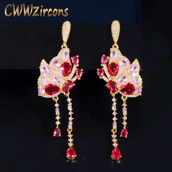 

CWWZircons Shiny Red Pink Cubic Zirconia Stone Butterfly Shape Dangle Long Tassel Drop Party Earrings for Women Jewelry CZ761