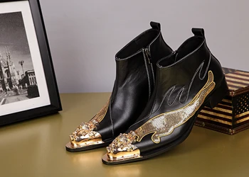 

Luxury Sequins Metal Pointed Toe Men Boots Career Work Stylist Mens Chelsea Ankle Boots Genuine Leather Fashion Boots Size 37-46