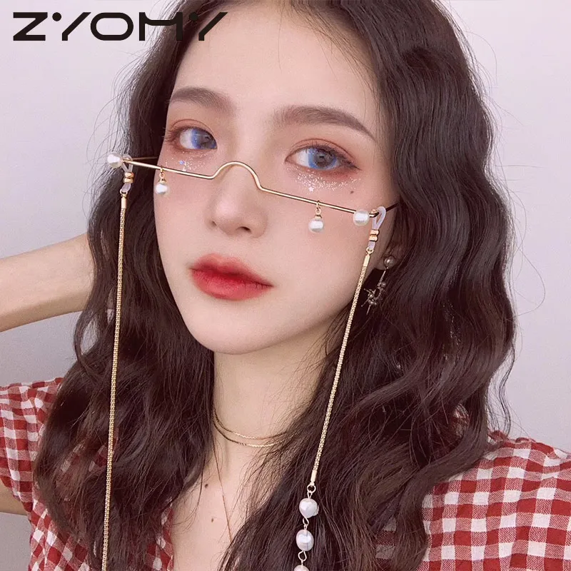 Zyomy сплав Lenless TikTok металлическая оправа брендовый дизайнерский Декор жемчугом без цепи женские очки модные женские очки бескаркасные