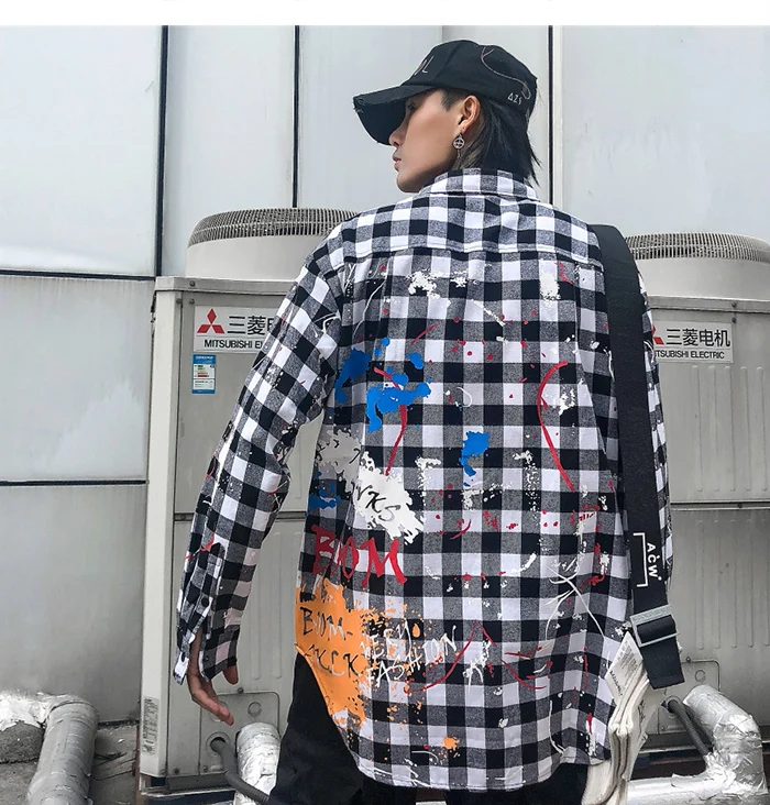 AELFRIC модная клетчатая забавная футболка с рисунком граффити Мужская Harajuku уличная Хип Хоп Топы повседневные хлопковые мужские с длинным рукавом негабаритных
