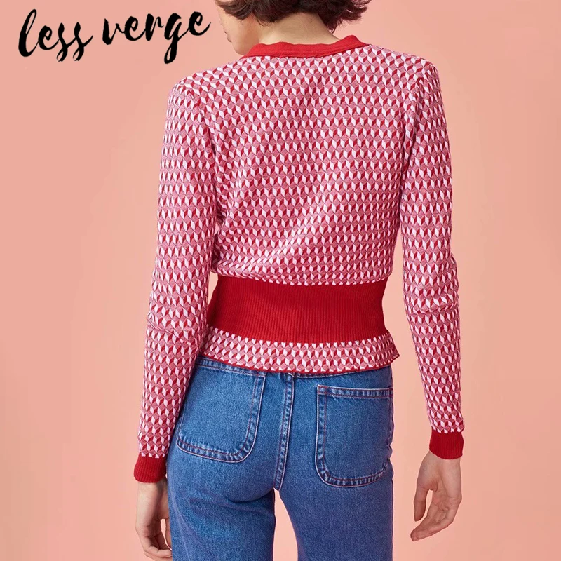 Lessverge вязаный красный Рождественский кардиган, свитер для женщин, длинный рукав, v-образный вырез, кнопка, зимний свитер, Женский клетчатый винтажный свитер