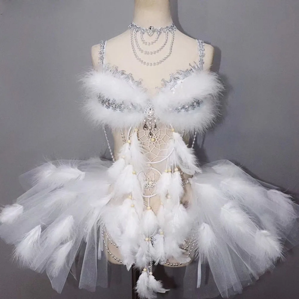 Sexy See-through White Feathers Bodysuits Crystals Bikini Bubble Skirt Set Women Nightclub Clothing Dancer DJ DS Stage Costume