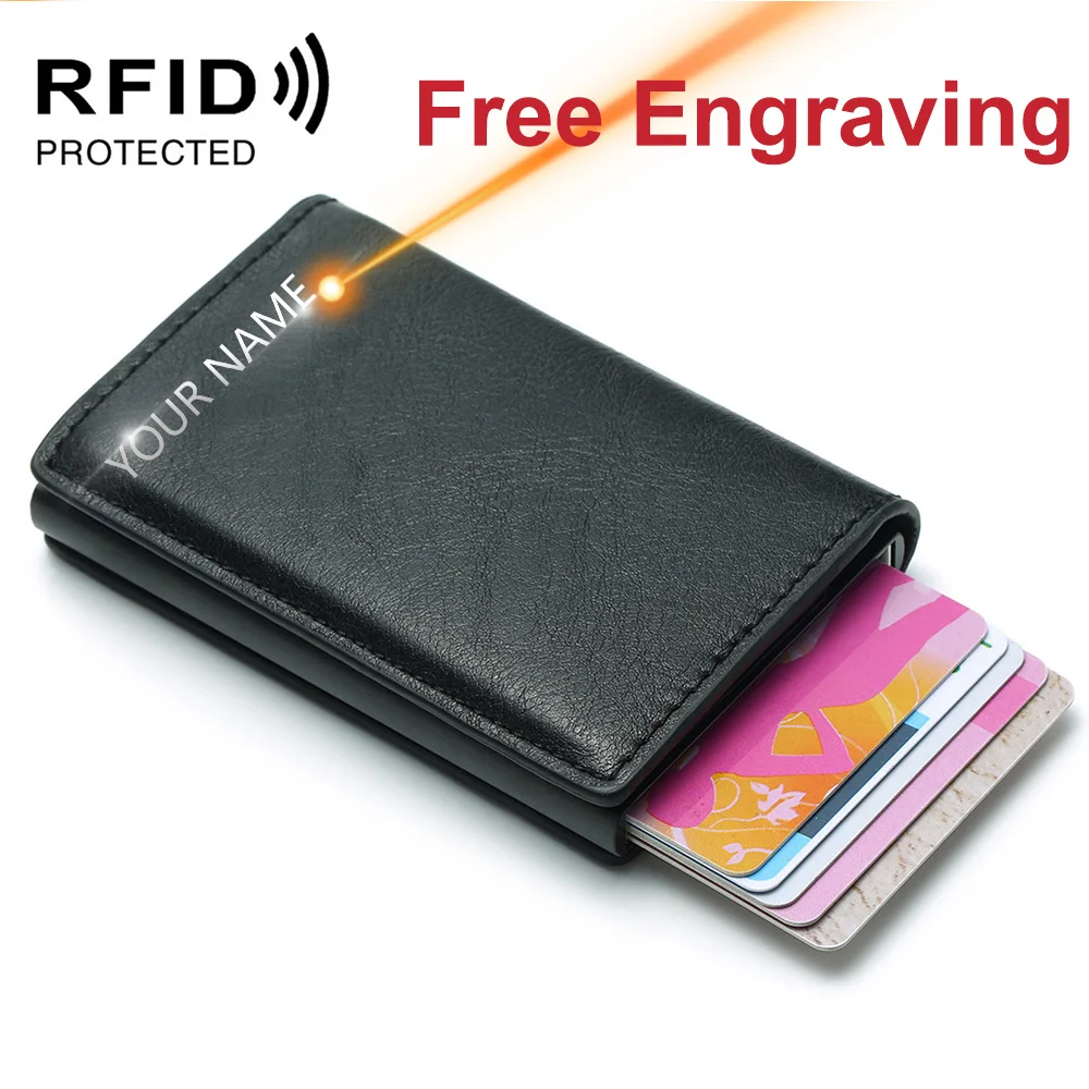 Мужской кожаный чехол для кредитных карт с гравировкой имени и RFID