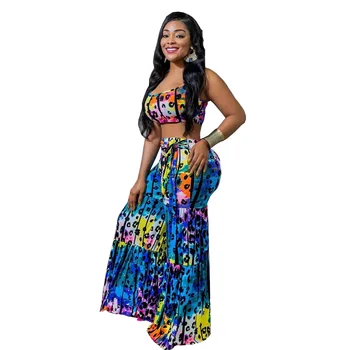 

Summer Autumn Women Two Piece Set Top and Pants Plus Size Tracksuit Sweatsuit Outfit Leopard Print Strapless Top and Flare Pants